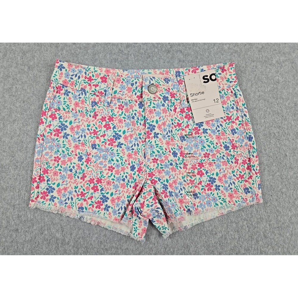 SO Jean Shorts Girls Size 12 Mid Rise Denim Cut Off Floral Shortie Jeans NWT